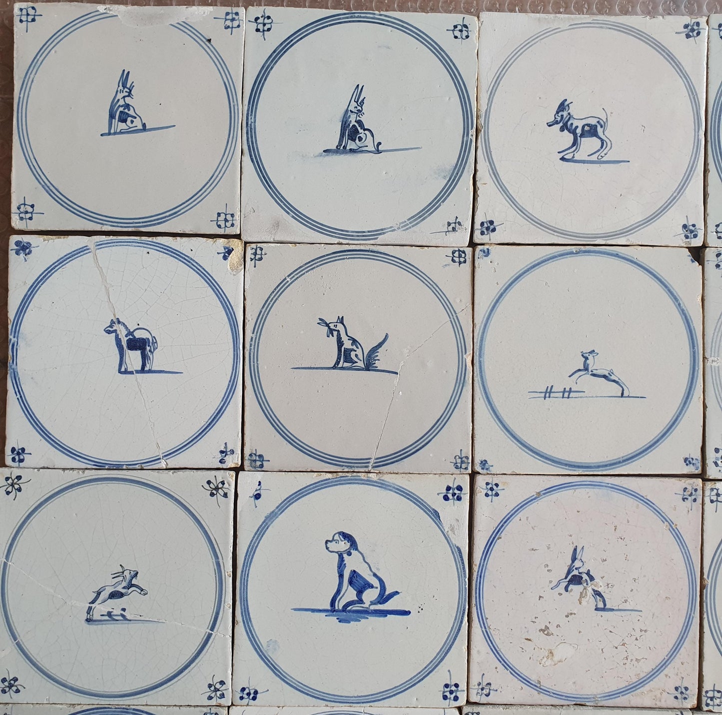 Antique Delft Tiles, 18th Century Dutch Animal Motifs, Set of 16 circle springer