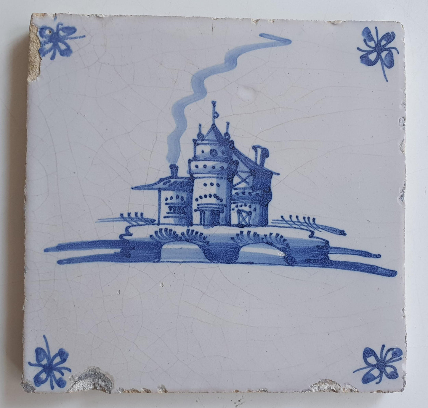 17th Century Dutch Delft Tile, Castle Landscape, Rare