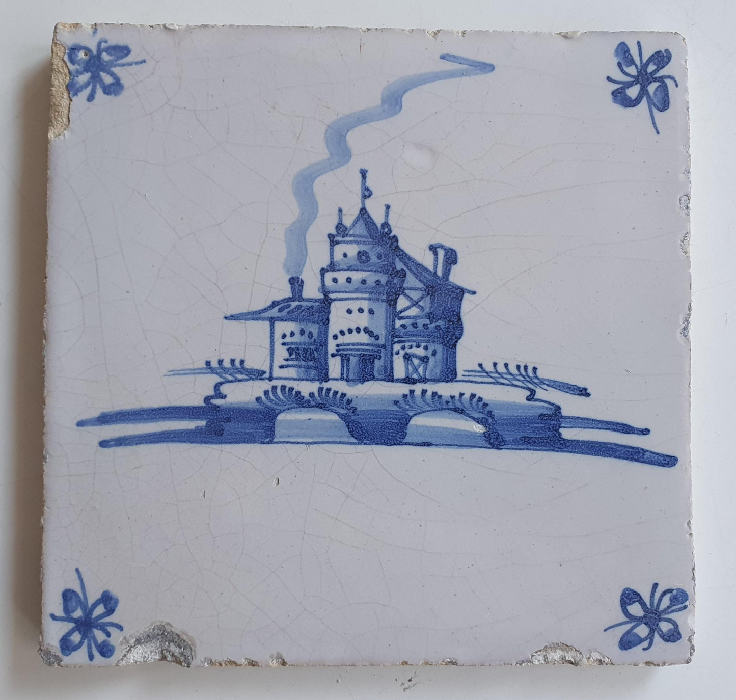 17th Century Dutch Delft Tile, Castle Landscape, Rare