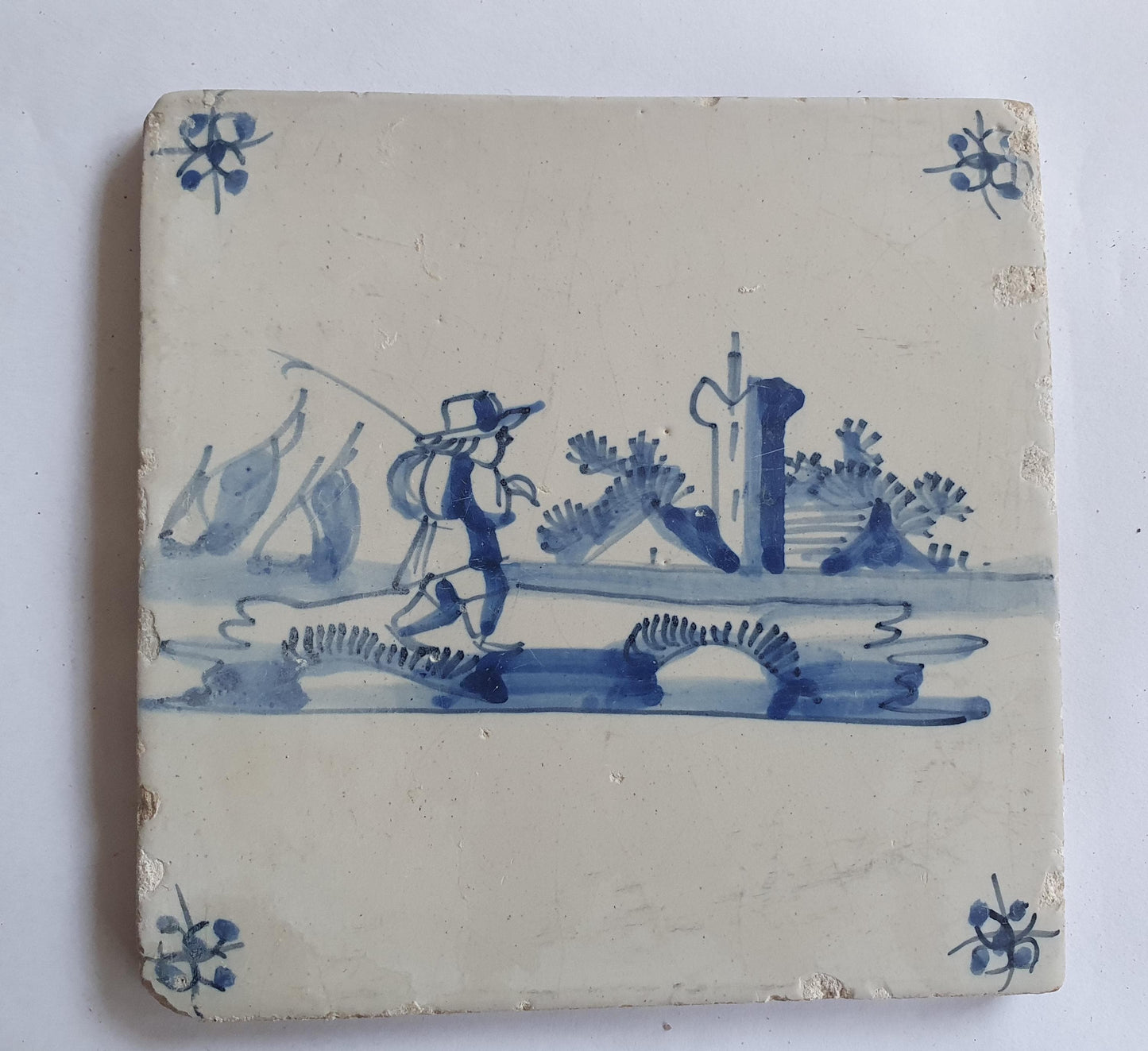 17th Century Dutch Delft Tile, Holland Landscape Art (13x13)