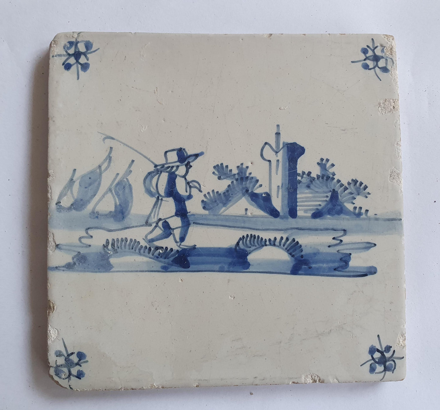 17th Century Dutch Delft Tile, Holland Landscape Art (13x13)