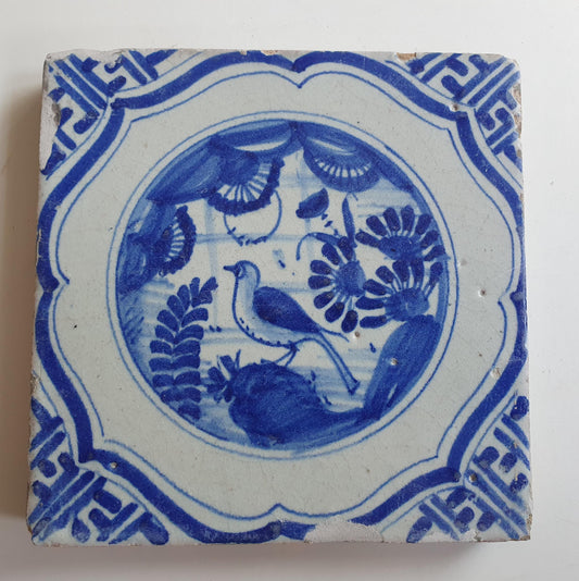 17th Antique Dutch Delft Blue Tile - Chinese garden with a meander shape - Dated around 1640