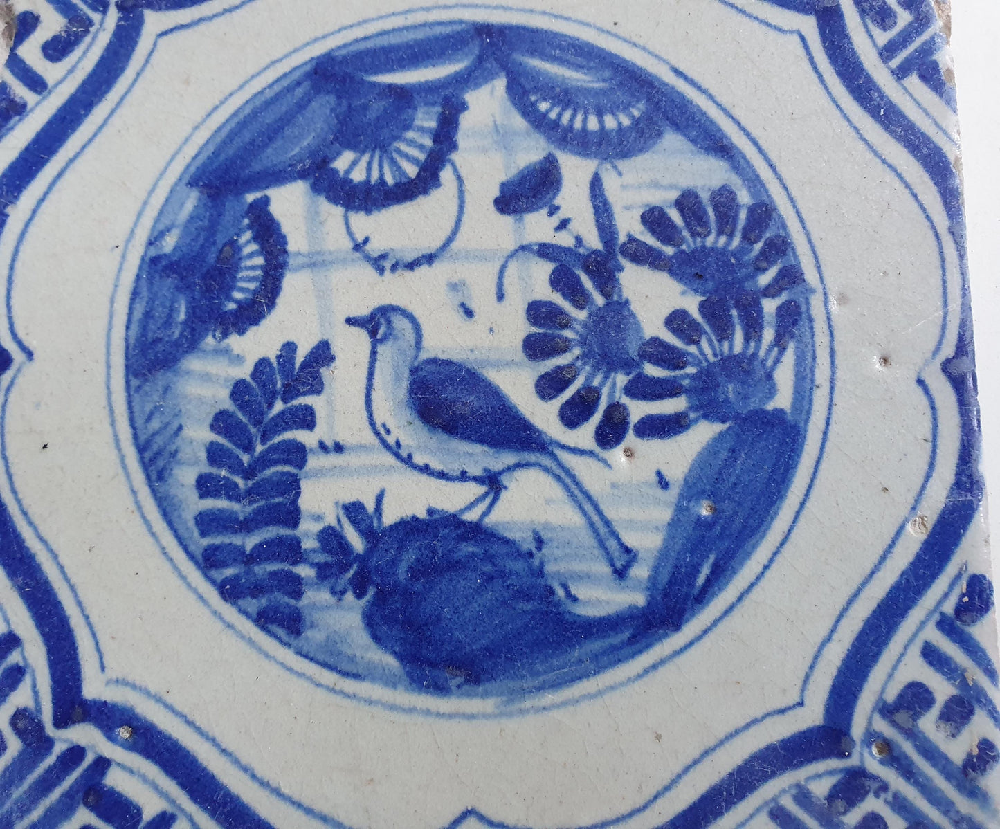17th Antique Dutch Delft Blue Tile - Chinese garden with a meander shape - Dated around 1640