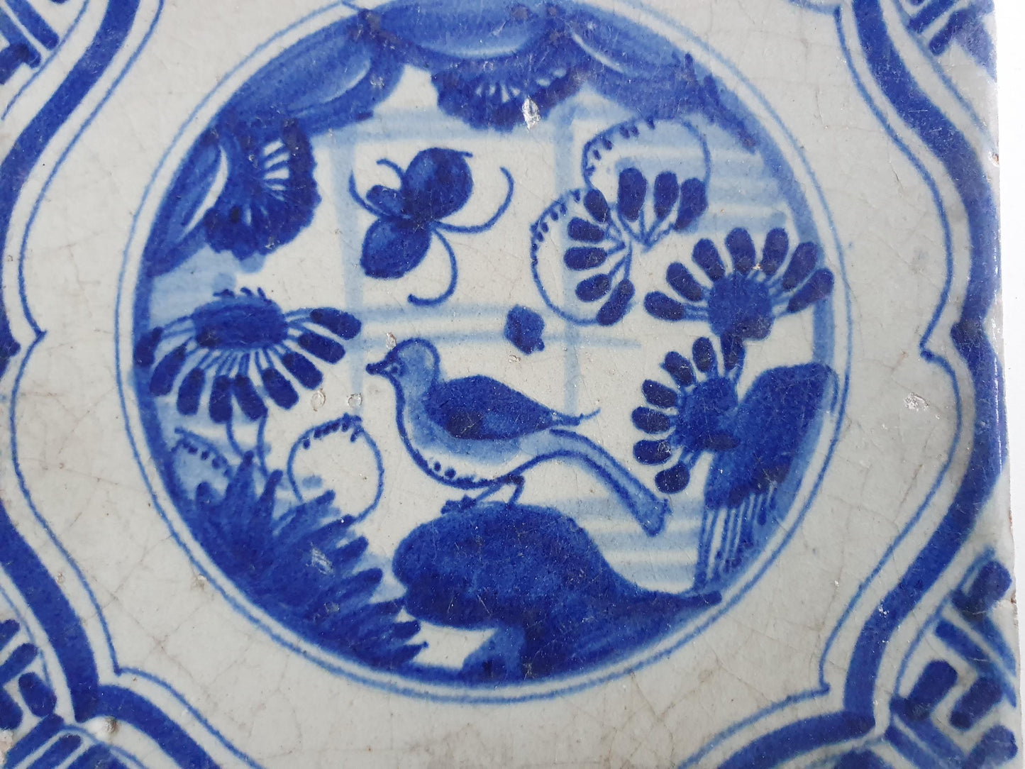 Antique Delft Tile – 17th Century Dutch walltile, Chinese Garden Scene, Meander Shape
