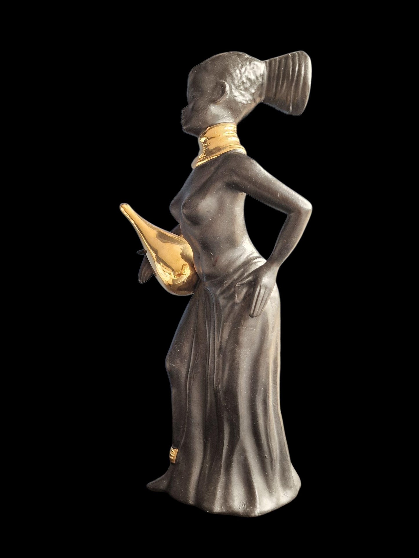 jema Hagenauer Wiener werkstatte black gold woman ca 30 cm ceramic midcentury lady girl