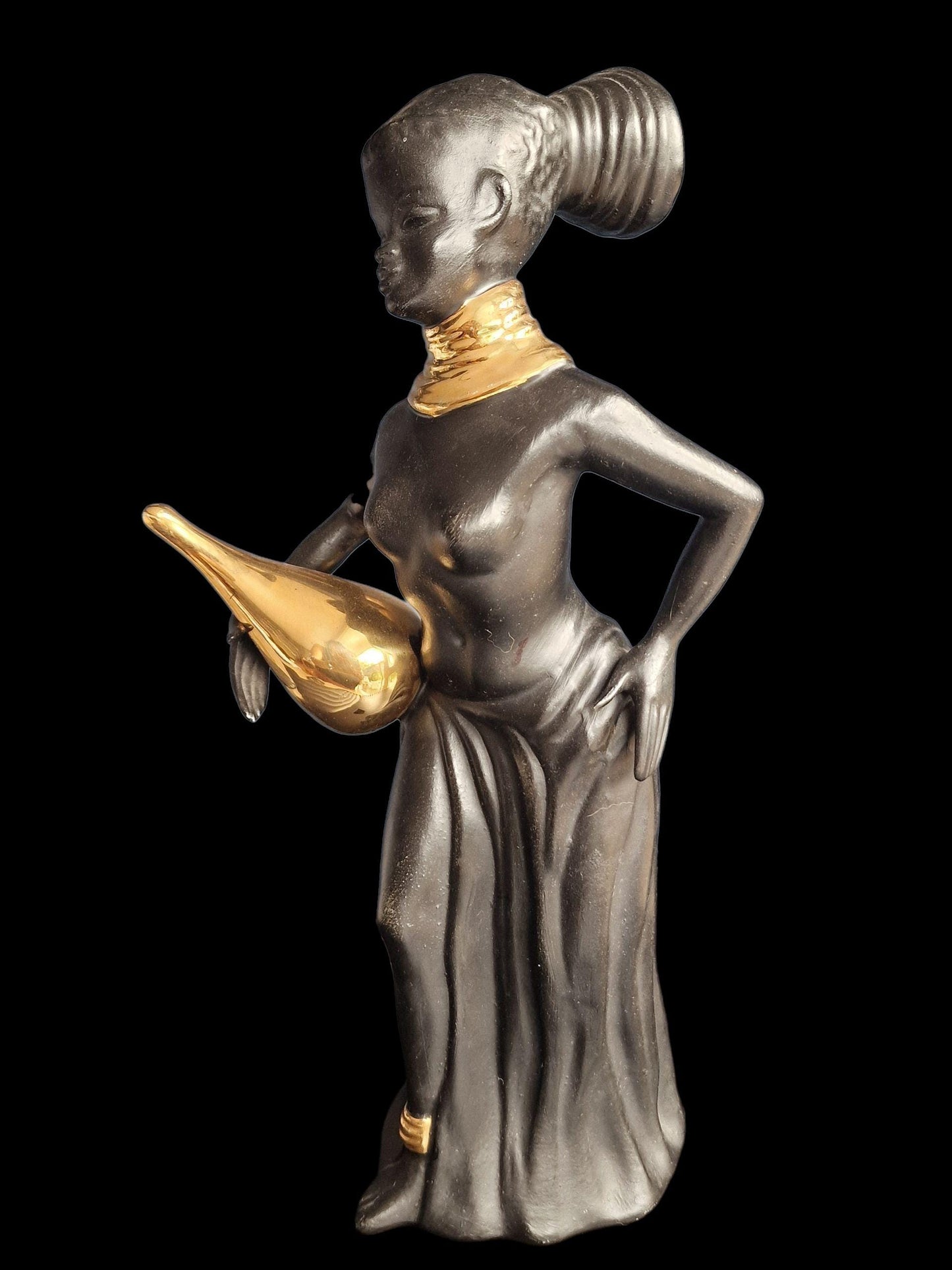 jema Hagenauer Wiener werkstatte black gold woman ca 30 cm ceramic midcentury lady girl