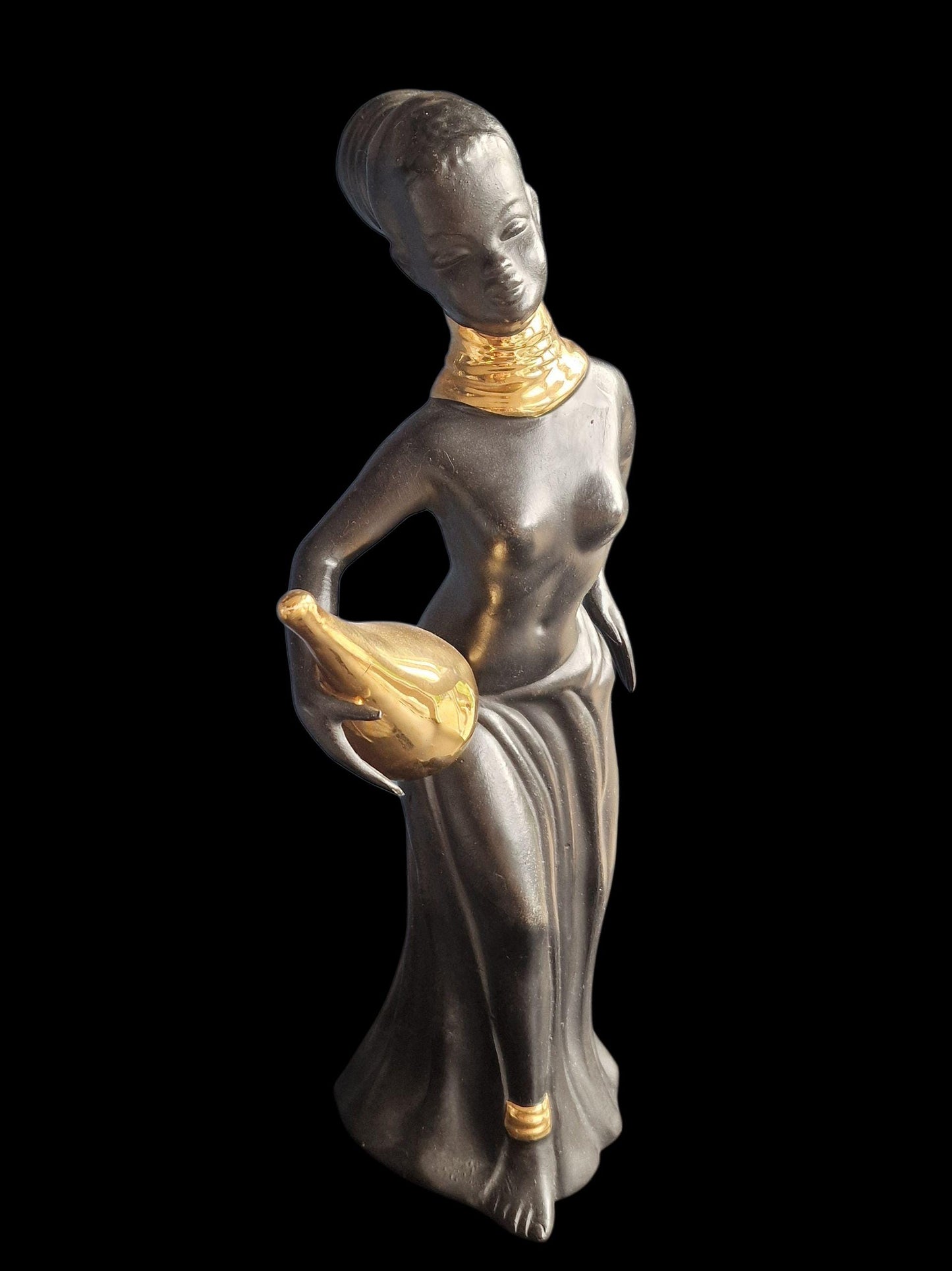 jema Hagenauer Wiener werkstatte black gold woman ca 30 cm ceramic midcentury lady girl