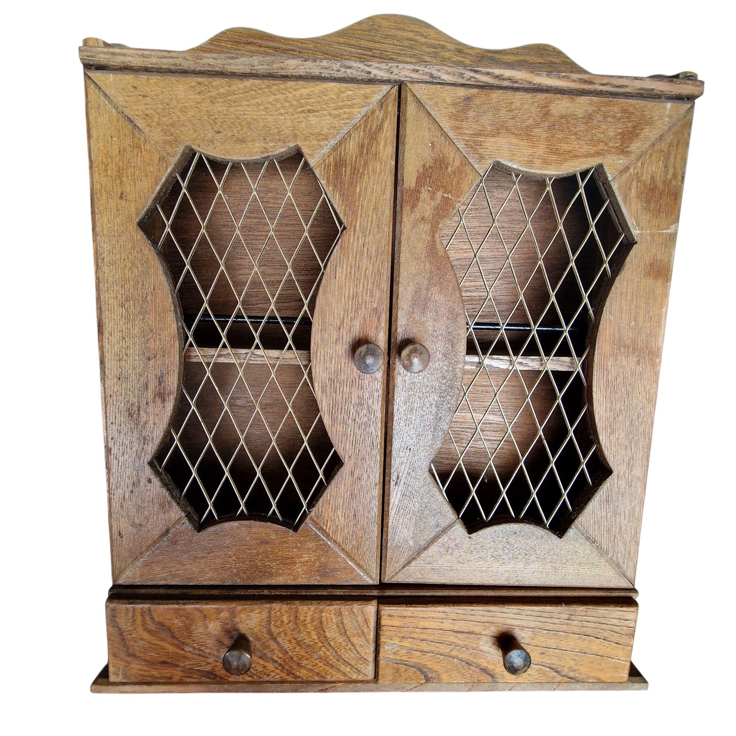 Antique Rustic Spice Cabinet - Wooden Wall Cupboard with Wire Mesh Doors
