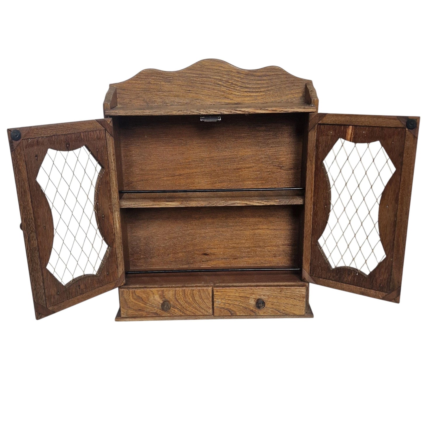 Antique Rustic Spice Cabinet - Wooden Wall Cupboard with Wire Mesh Doors