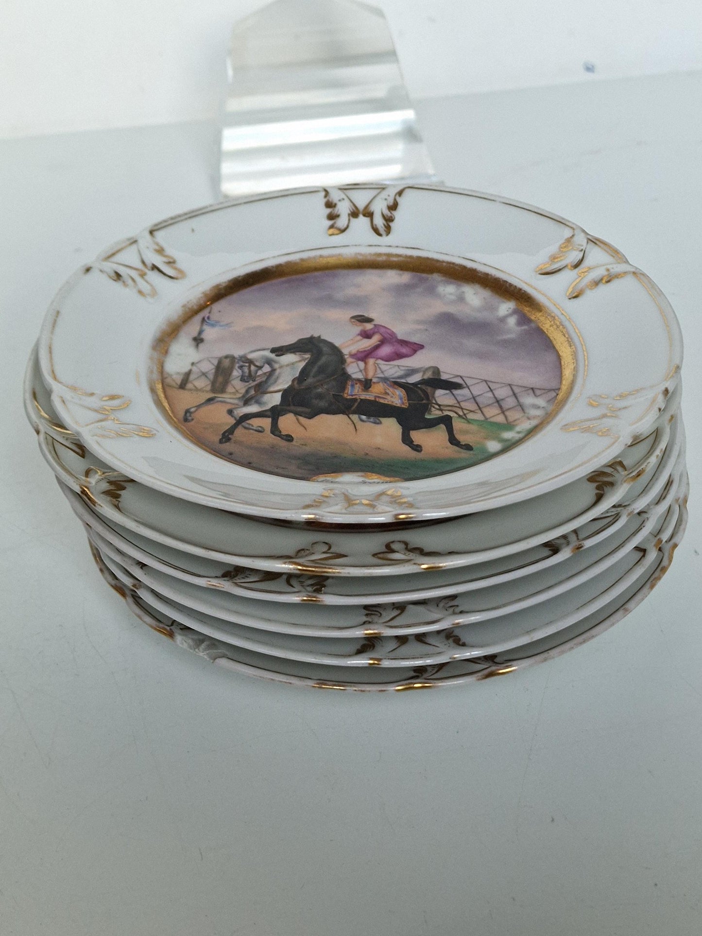 Antique Dresden Porcelain Plates, Rhine Castle Scene, Gilt Decor (Set of 6)