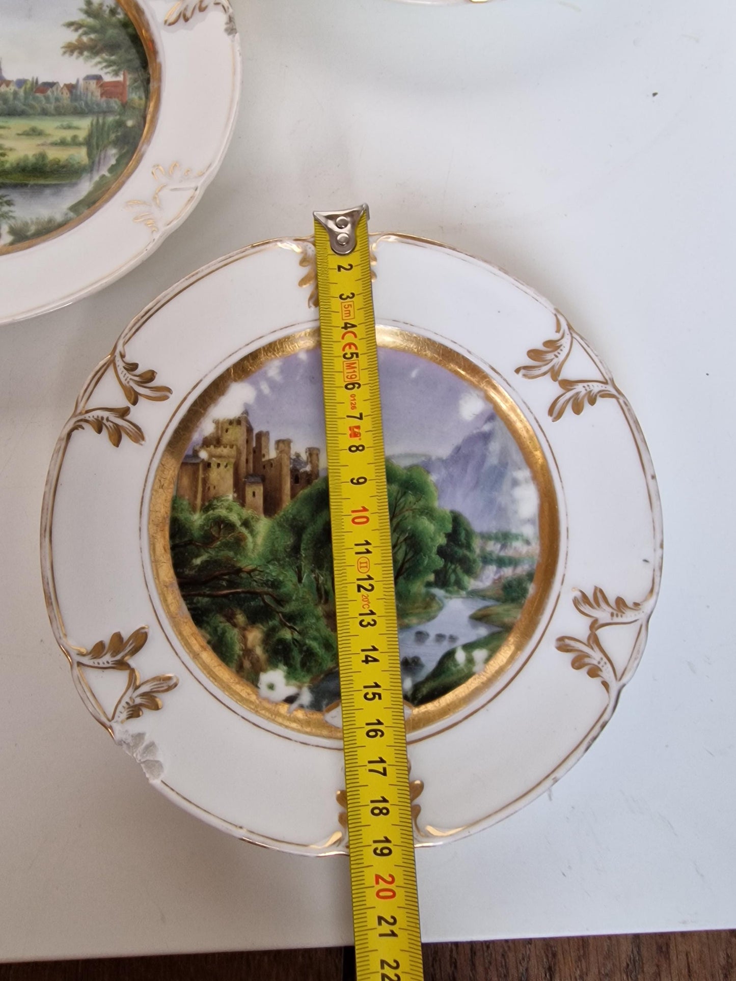 Antique Dresden Porcelain Plates, Rhine Castle Scene, Gilt Decor (Set of 6)
