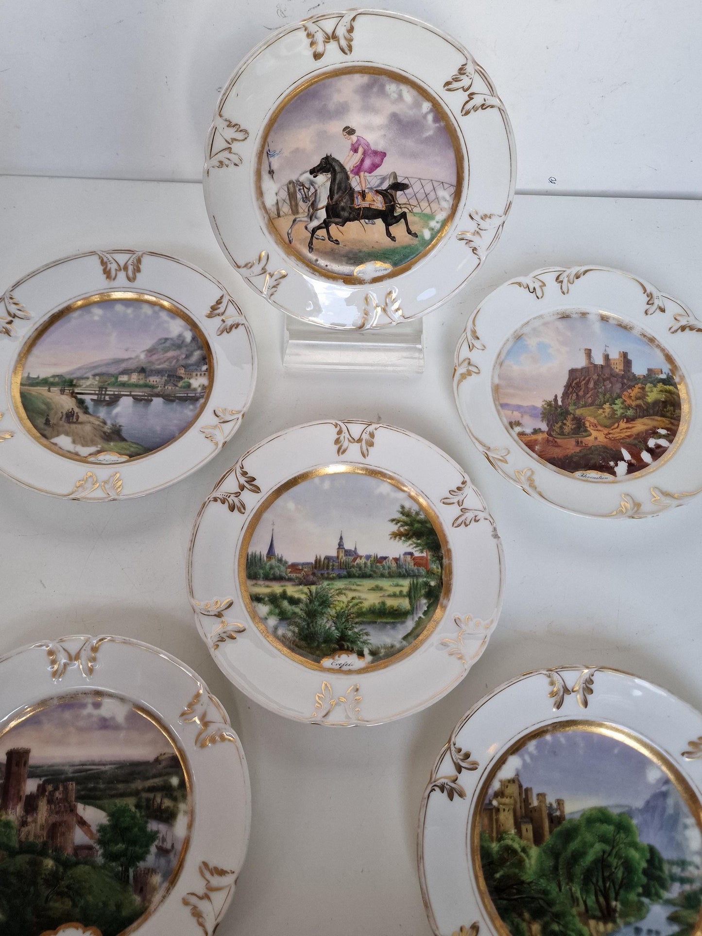 Antique Dresden Porcelain Plates, Rhine Castle Scene, Gilt Decor (Set of 6)