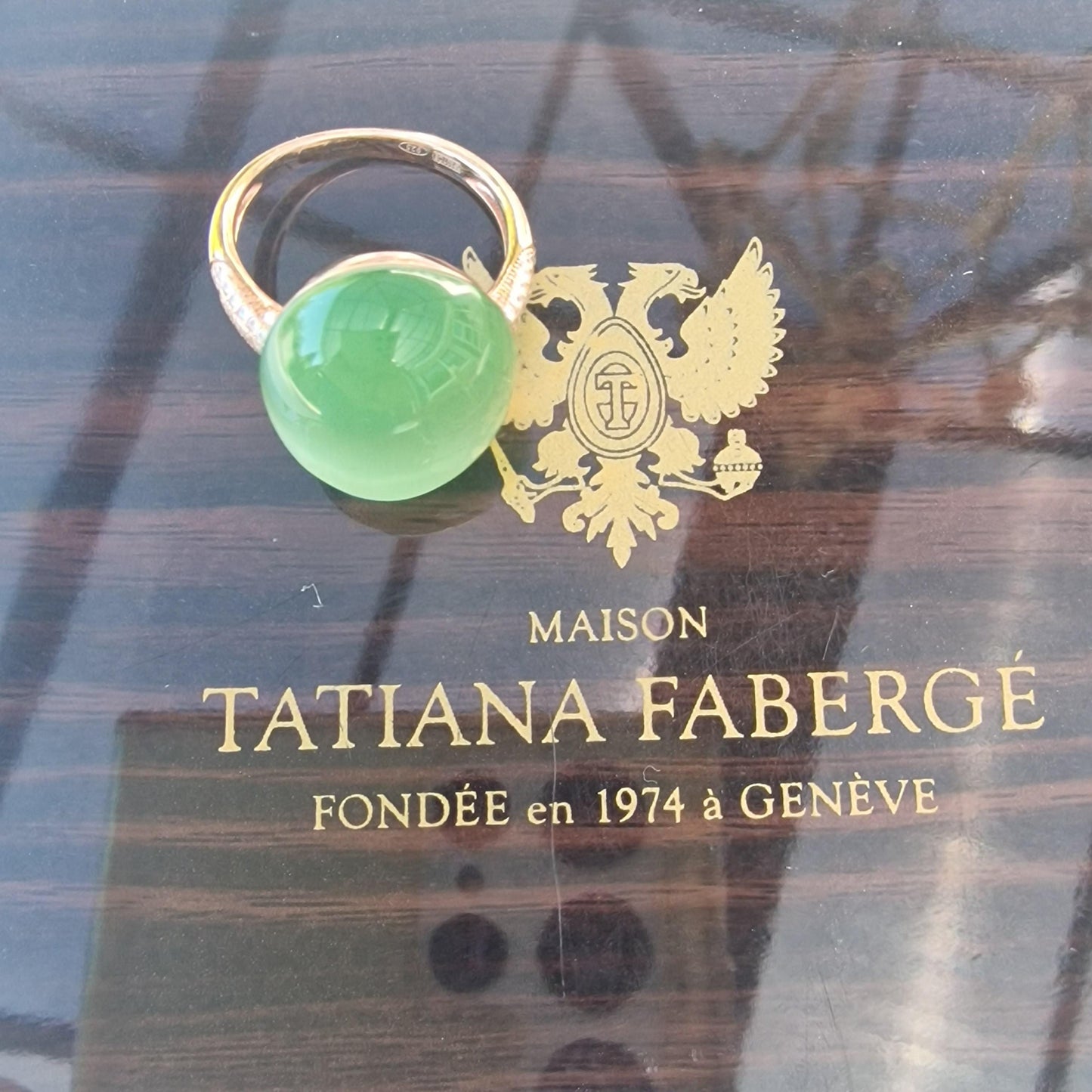 Tatiana Fabergé Egg Ring, Emerald Green Cabochon, 22KT Gilded Sterling Silver faberge