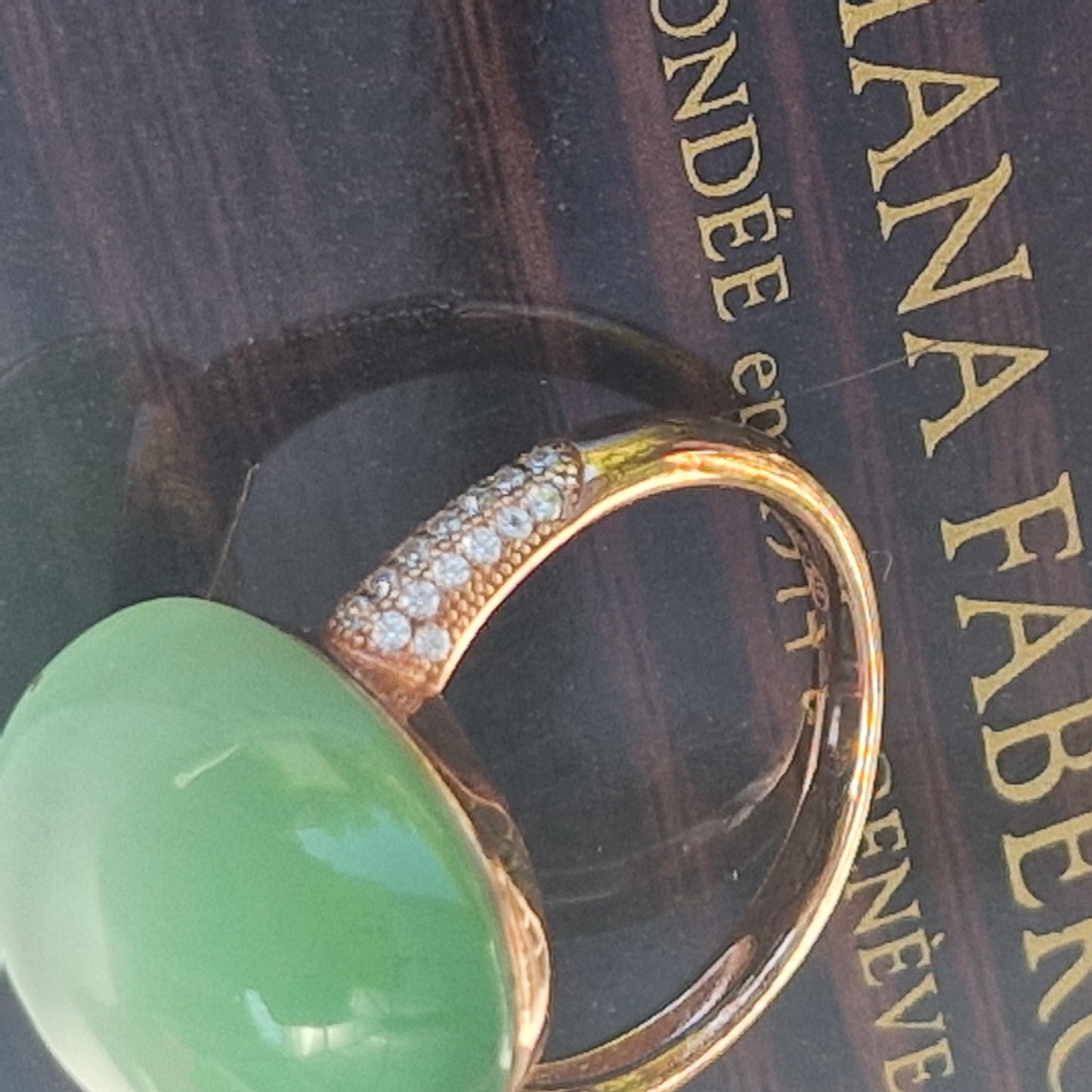 Tatiana Fabergé Egg Ring, Emerald Green Cabochon, 22KT Gilded Sterling Silver faberge