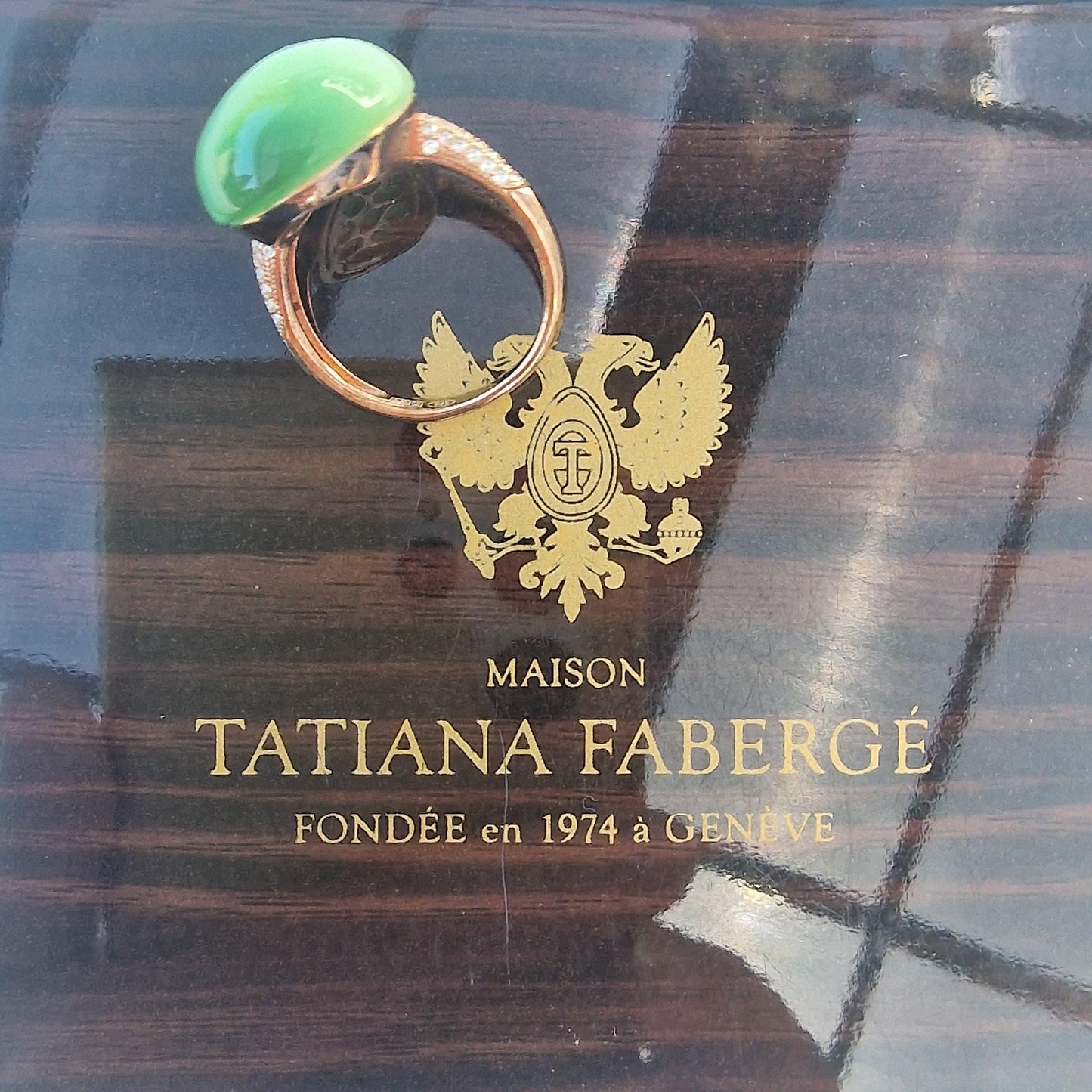 Tatiana Fabergé Egg Ring, Emerald Green Cabochon, 22KT Gilded Sterling Silver faberge