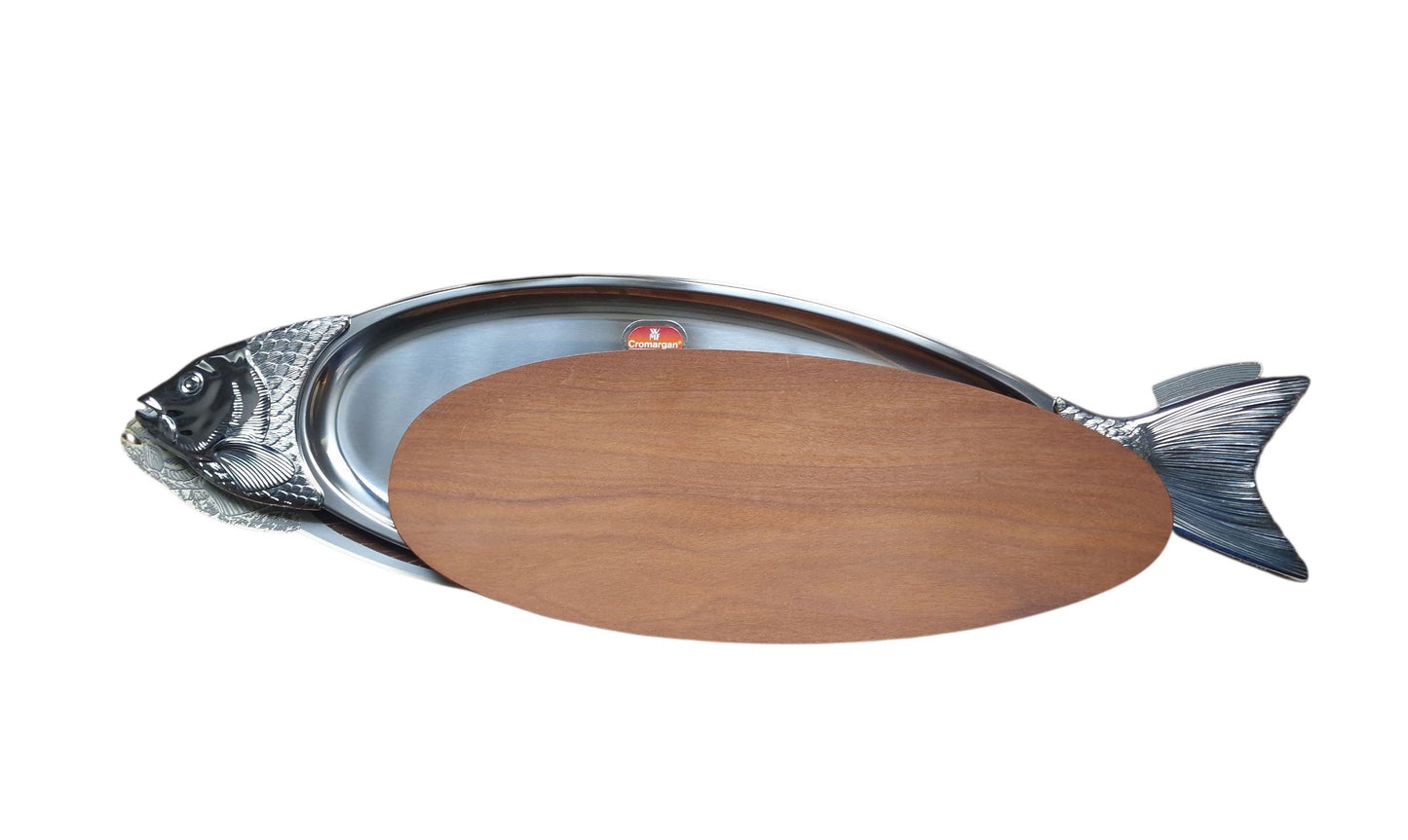 XL Vintage WMF Fish Serving Platter, Walnut Wood, 18/10 Steel