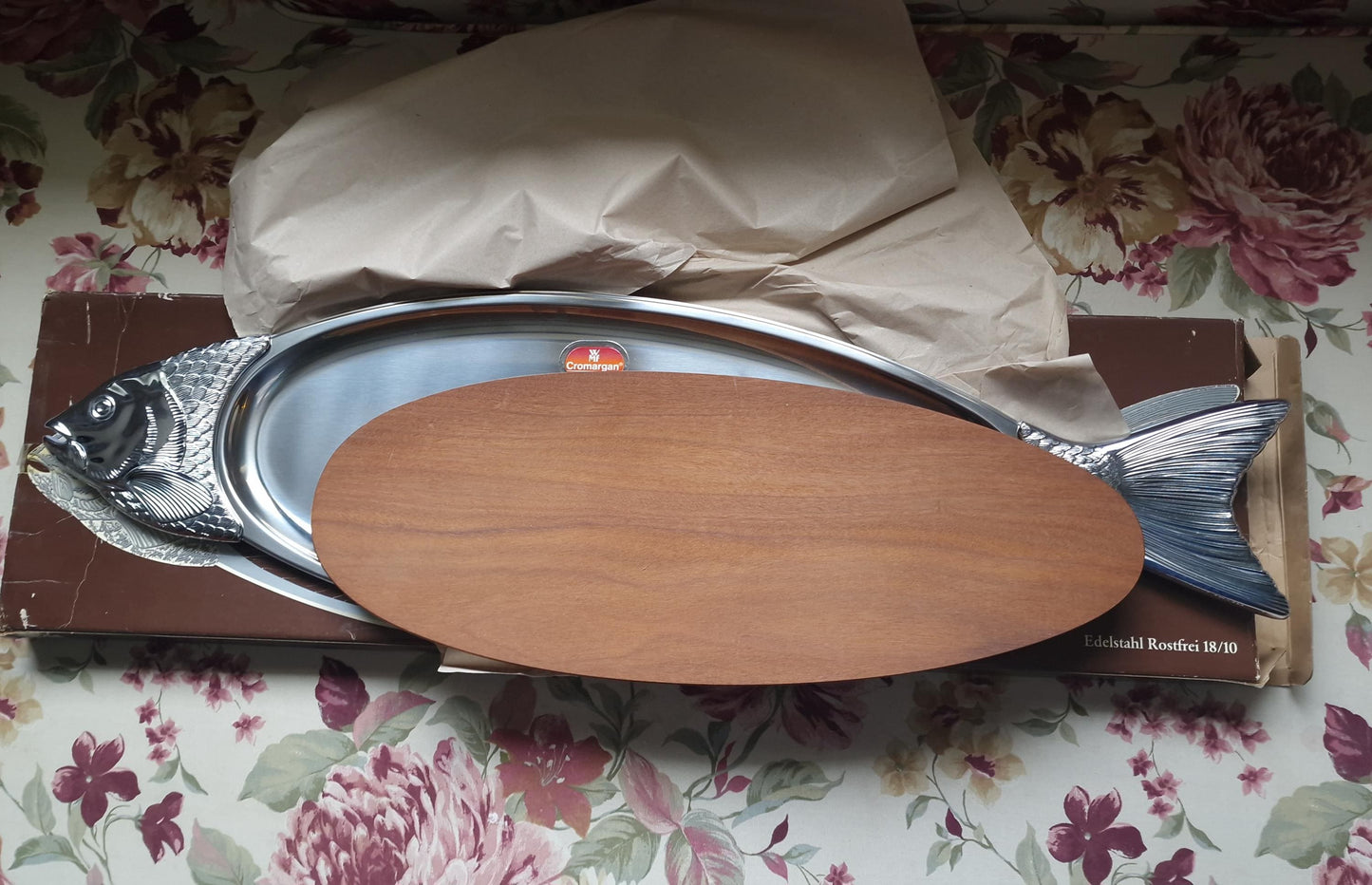 XL Vintage WMF Fish Serving Platter, Walnut Wood, 18/10 Steel