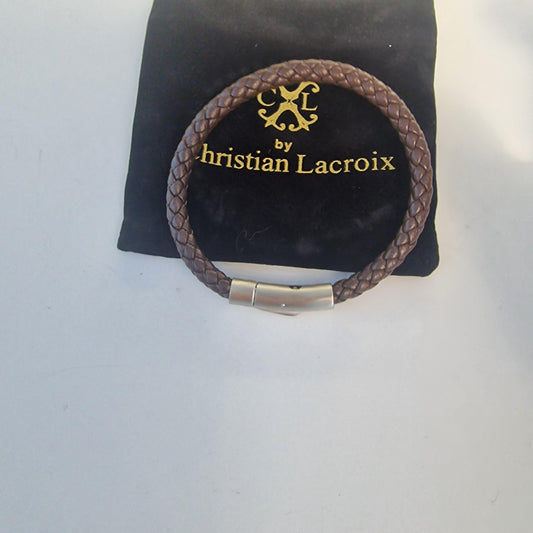 Christian Lacroix Brown Leather Steel Infinity Bracelet