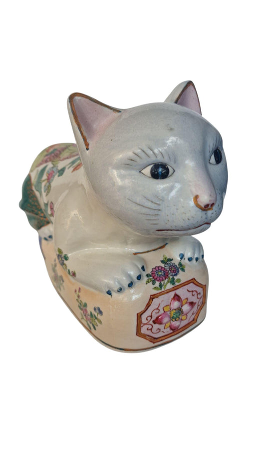 XL Vintage Famille Rose Porcelain Cat Figurine, Hand-Painted Chinoiserie Decor