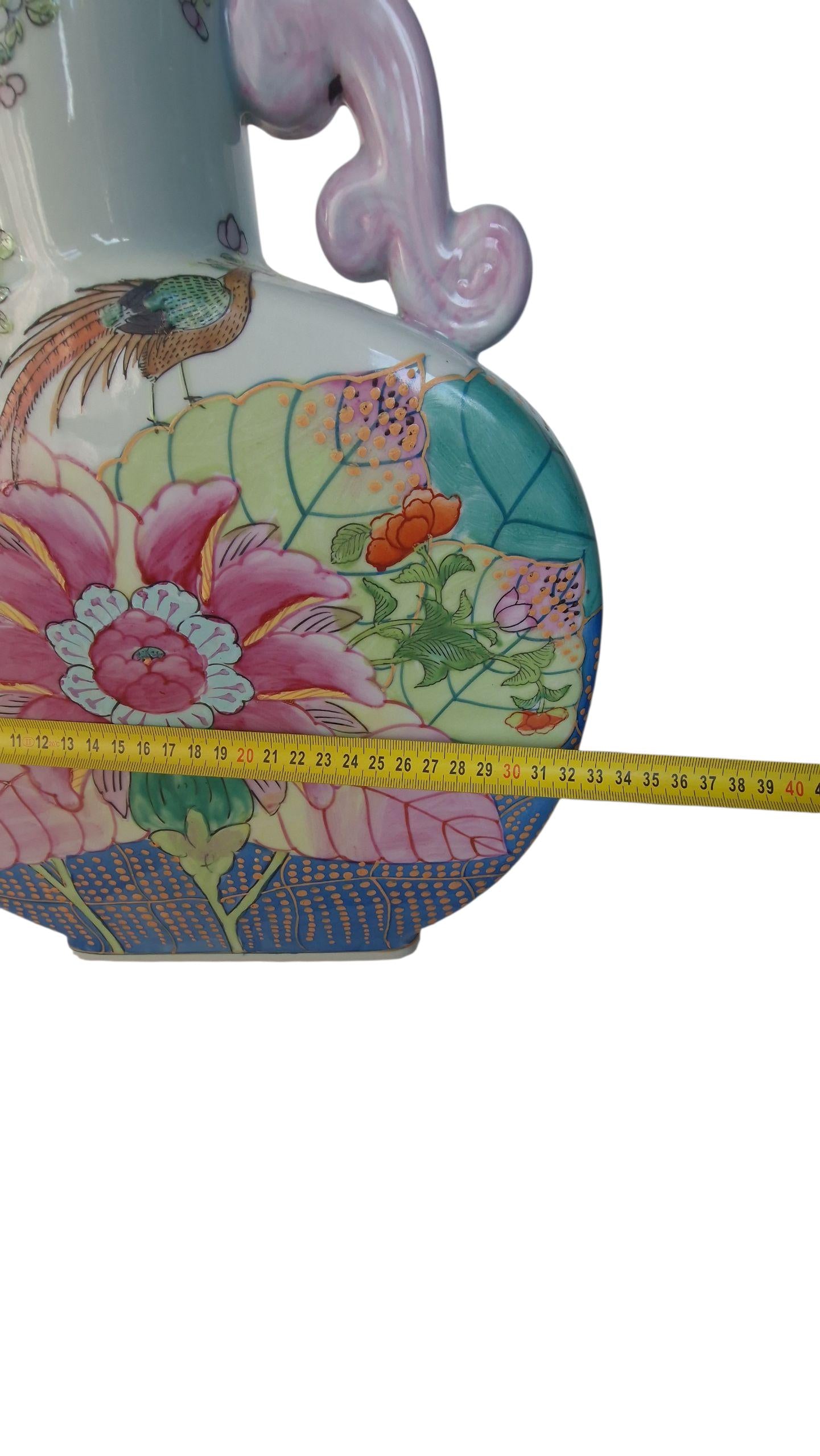 XXL Vintage Famille Rose Moon Flask Vase, Hand-Painted Chinoiserie Porcelain