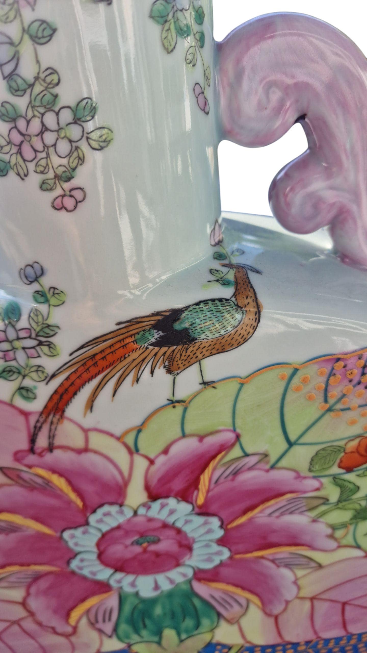 XXL Vintage Famille Rose Moon Flask Vase, Hand-Painted Chinoiserie Porcelain
