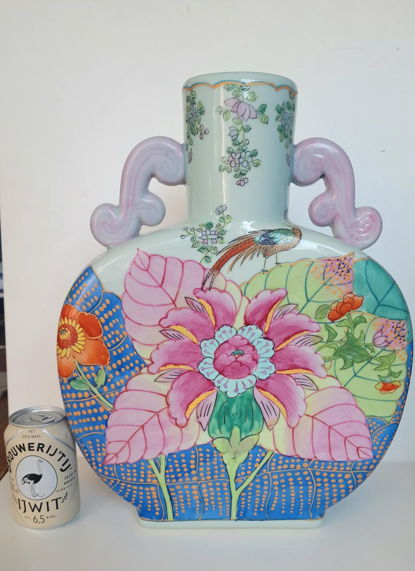 XXL Vintage Famille Rose Moon Flask Vase, Hand-Painted Chinoiserie Porcelain