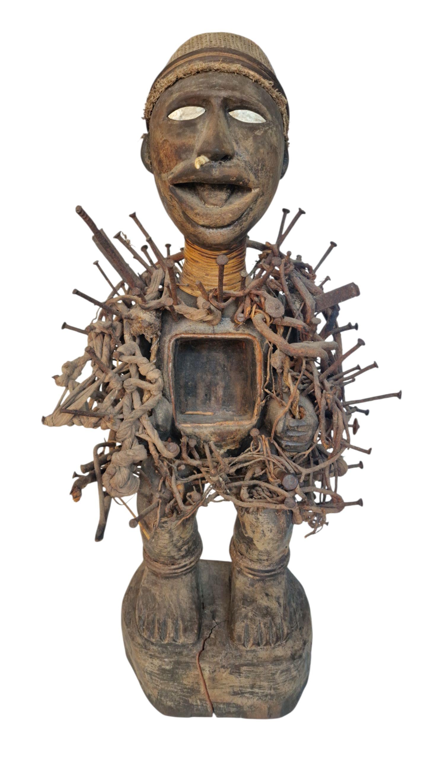 Large African Nkisi Nkondi Power Figure, Congo Tribal Statue, 1940s