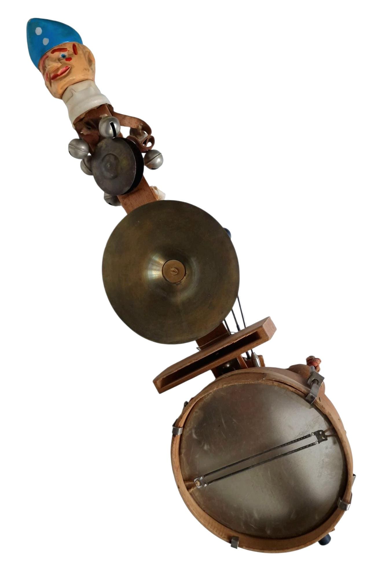 Vintage One Man Band Clown Drum: 1950s Folk Art Instrument