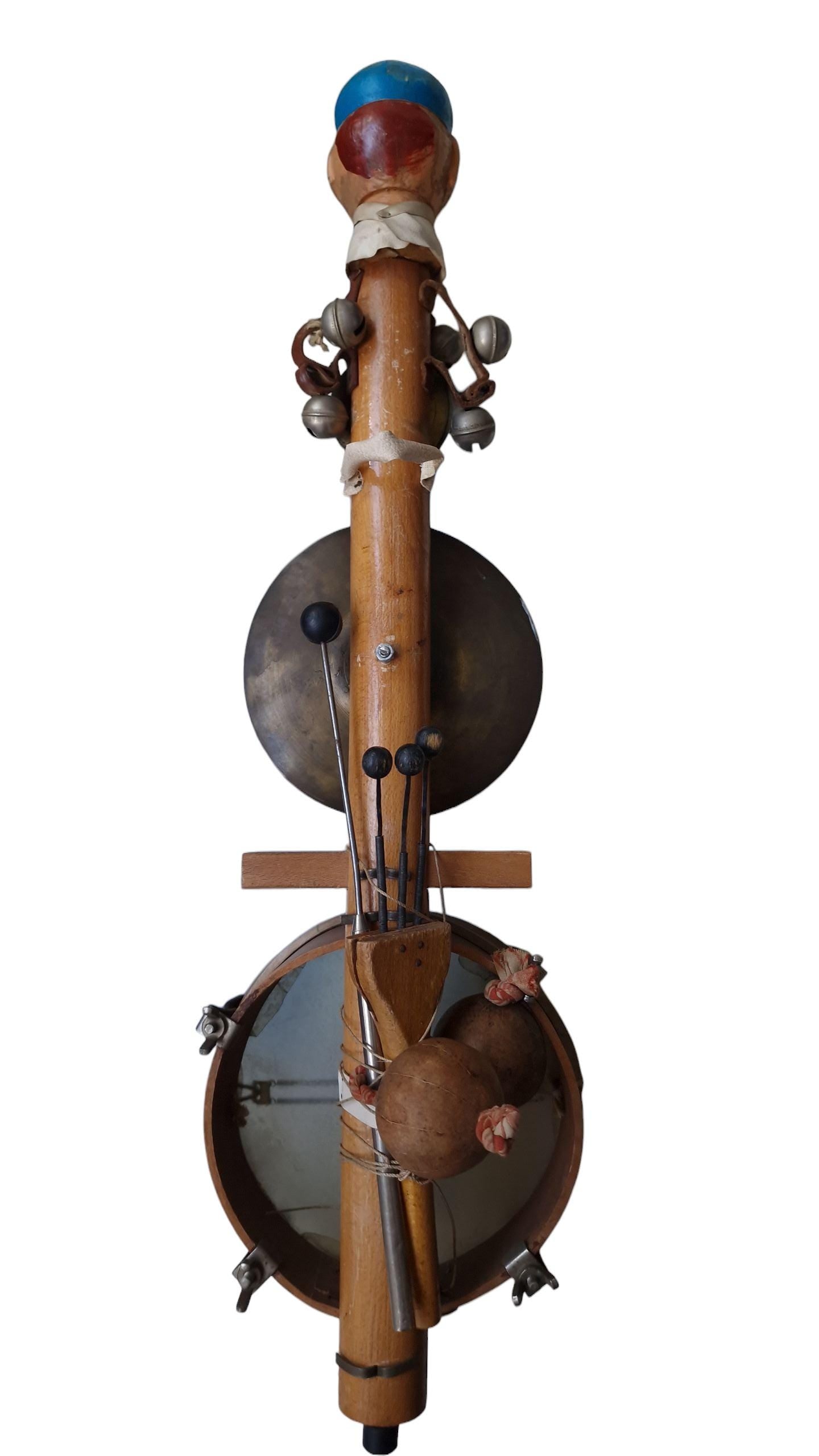 Vintage One Man Band Clown Drum: 1950s Folk Art Instrument