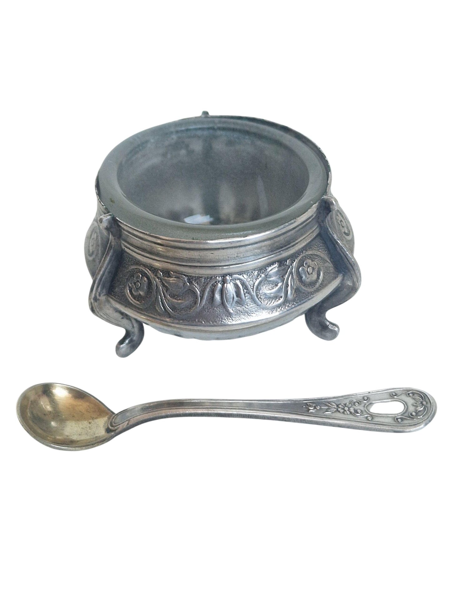 Antique Russian Silver Salt Cellar, Kommet Spoon, Tsar Period