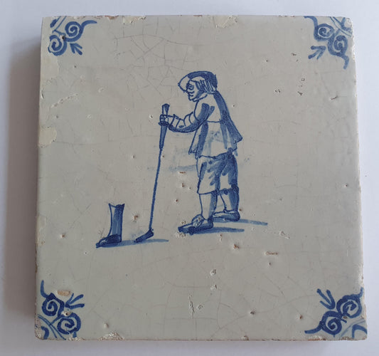 Antique Dutch Delft Tile, 17th Century, Beugelen Game Scene