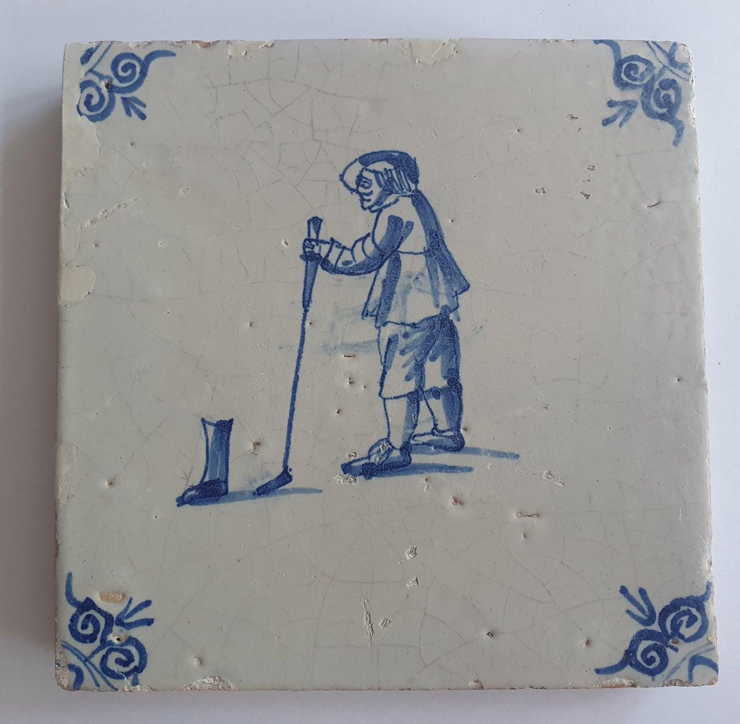 Antique Dutch Delft Tile, 17th Century, Beugelen Game Scene