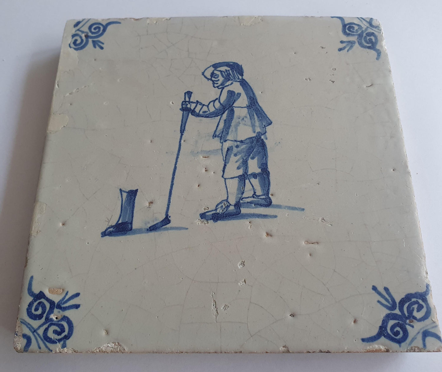 Antique Dutch Delft Tile, 17th Century, Beugelen Game Scene