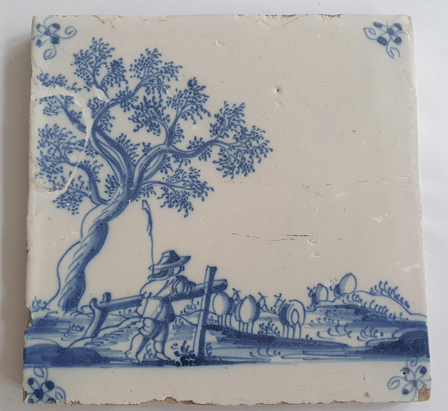Antique Delft Tile, 1700s Shepherd Scene, Dutch Majolica