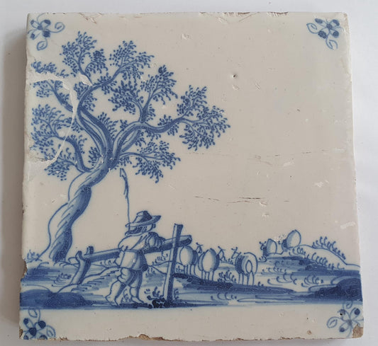 Antique Delft Tile, 1700s Shepherd Scene, Dutch Majolica