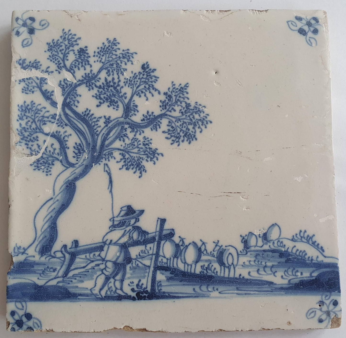 Antique Delft Tile, 1700s Shepherd Scene, Dutch Majolica