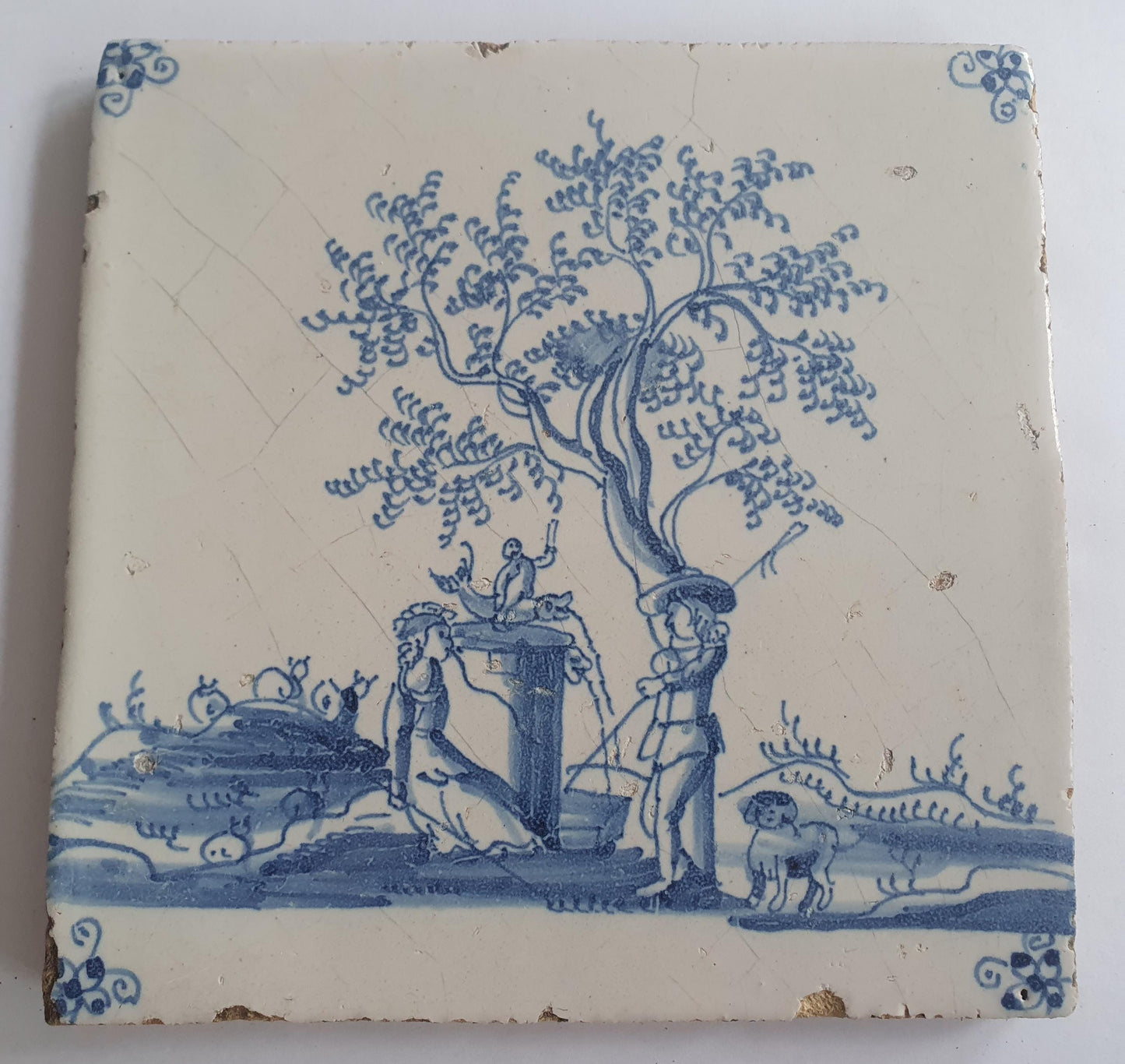Antique Delft Tile: 17th Century Dutch Shepherds Scene