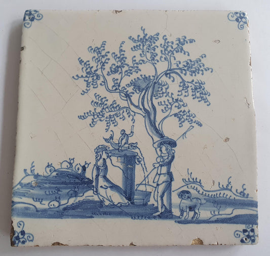 Antique Delft Tile: 17th Century Dutch Shepherds Scene