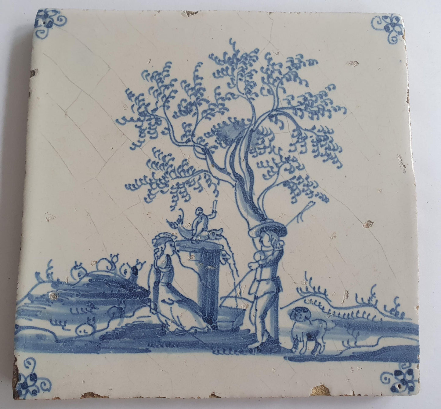 Antique Delft Tile: 17th Century Dutch Shepherds Scene