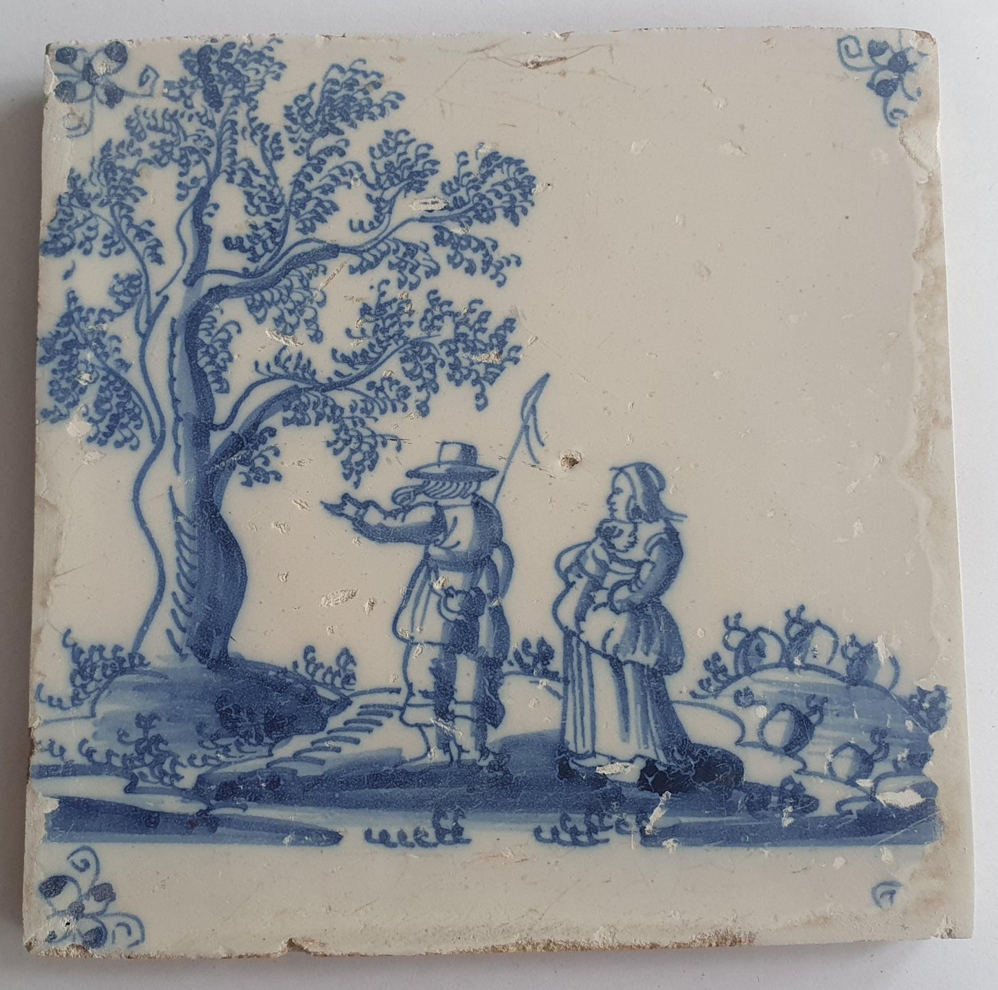 Antique Delft Tile: 17th Century Dutch Shepherds, Blue Majolica