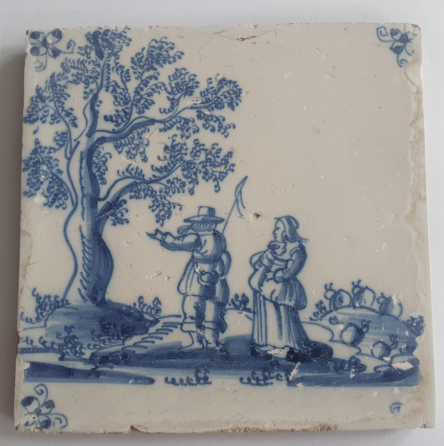 Antique Delft Tile: 17th Century Dutch Shepherds, Blue Majolica