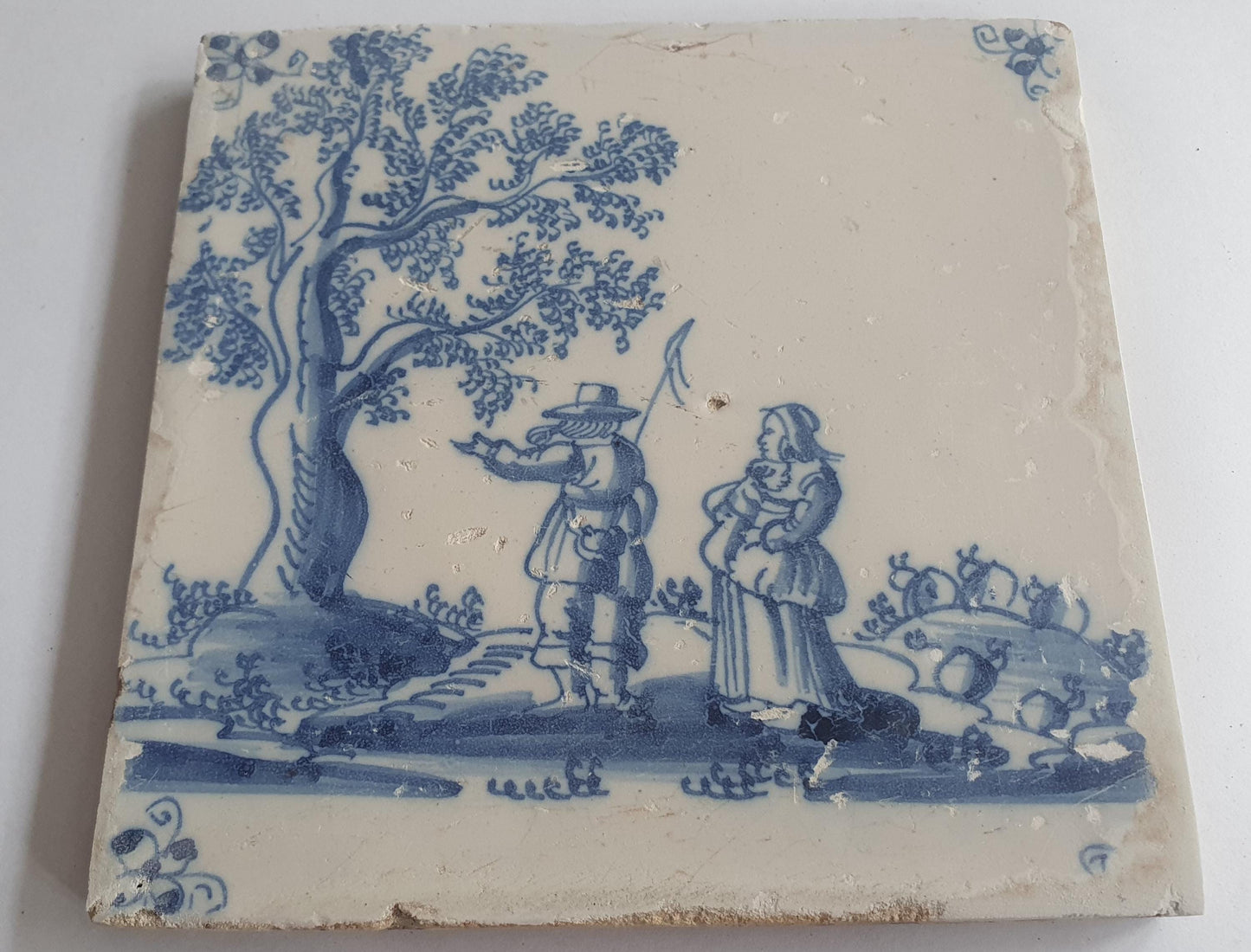 Antique Delft Tile: 17th Century Dutch Shepherds, Blue Majolica