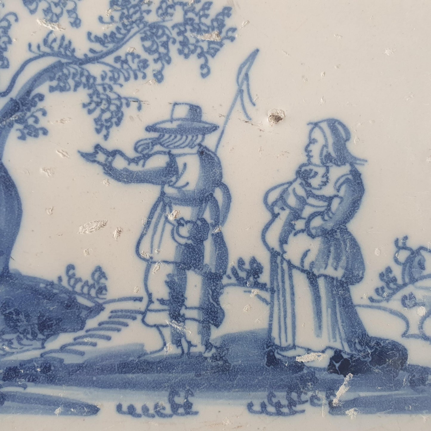 Antique Delft Tile: 17th Century Dutch Shepherds, Blue Majolica