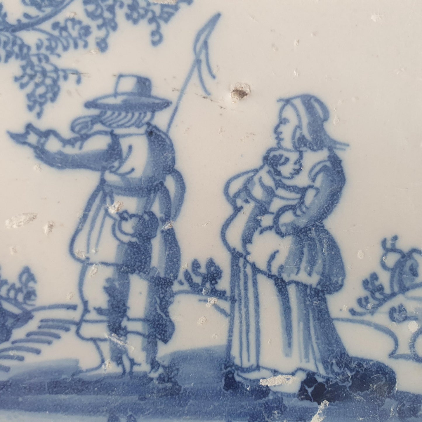 Antique Delft Tile: 17th Century Dutch Shepherds, Blue Majolica