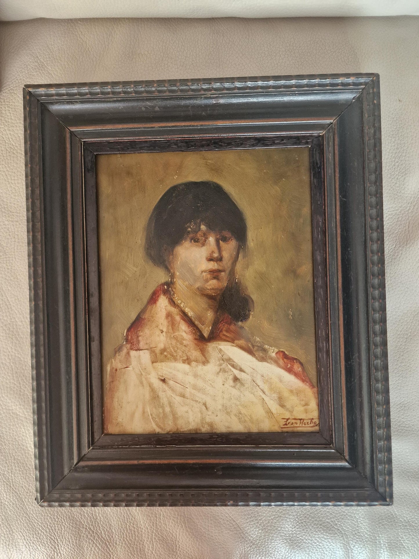 Léon Herbo Portrait – Young Woman, Signed Oil Painting, Framed