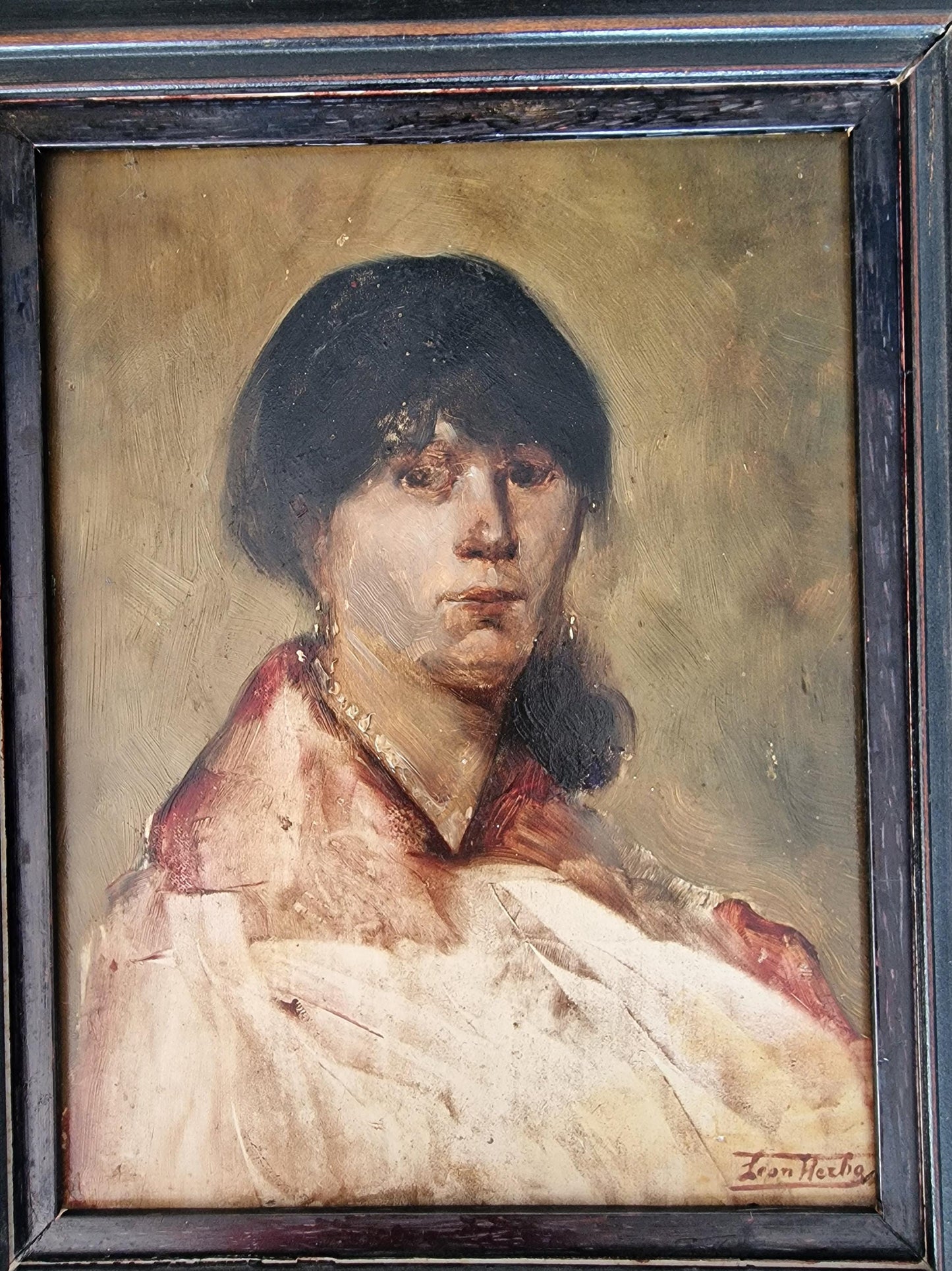 Léon Herbo Portrait – Young Woman, Signed Oil Painting, Framed
