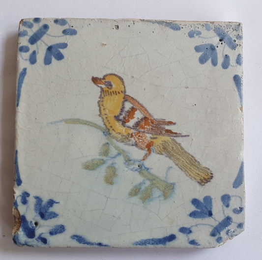Antique Dutch Tile – Polychrome Bird, Ox Head Motifs (1625-1640)