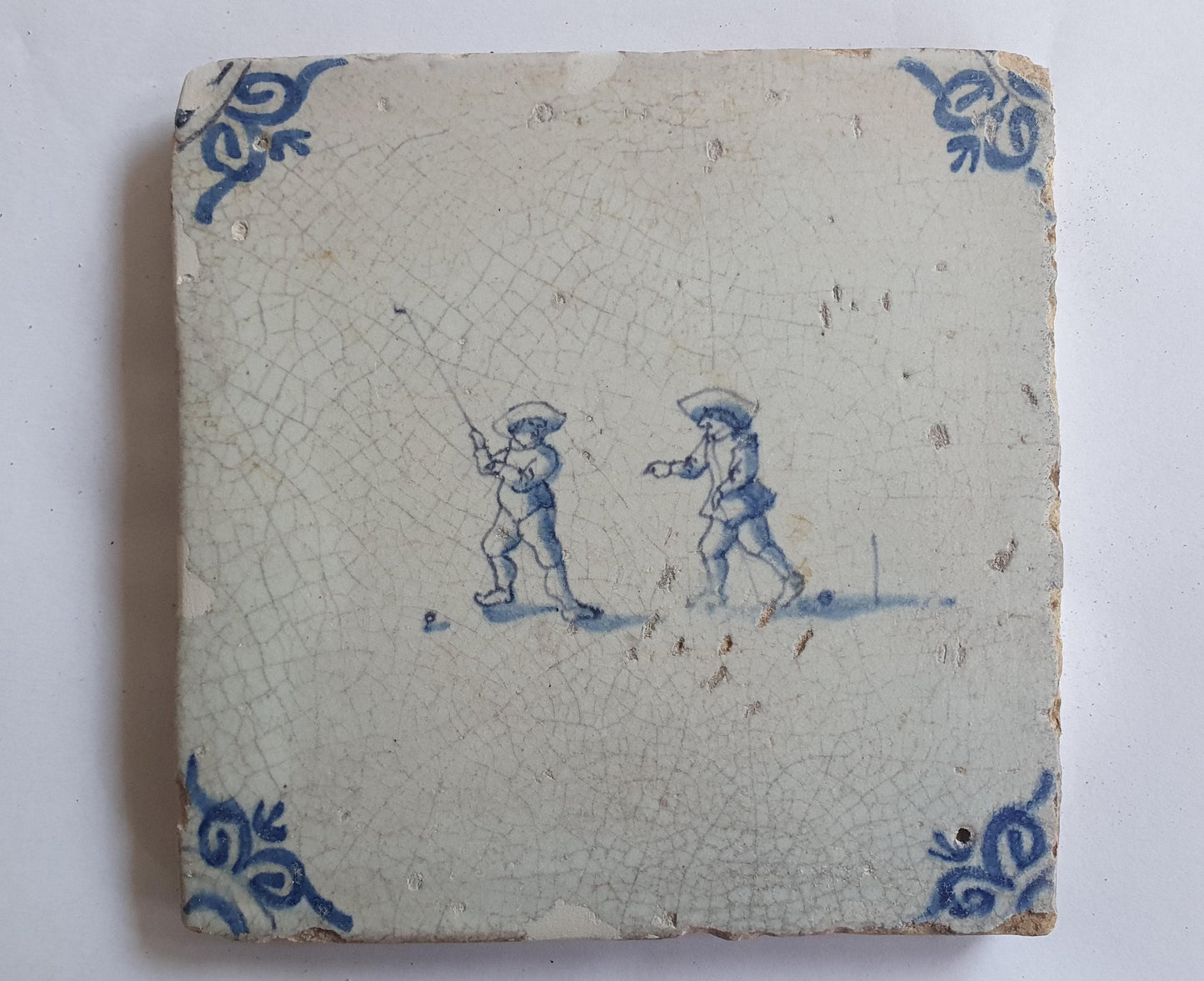 Dutch antique tile, 17th century, child,s play  ,golfer 1630 rare !