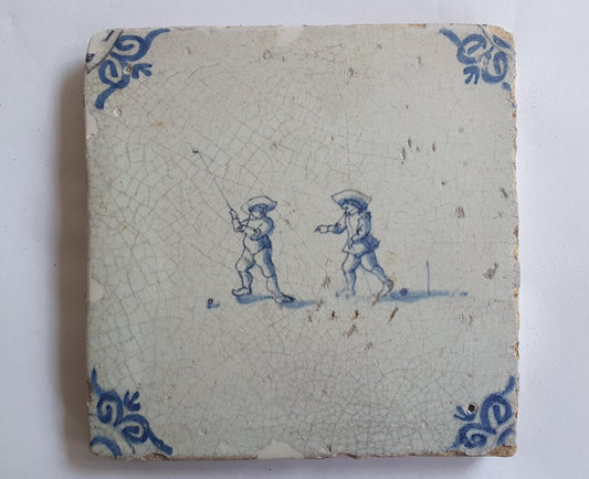 Dutch antique tile, 17th century, child,s play  ,golfer 1630 rare !