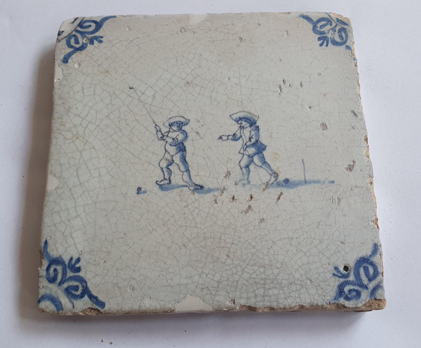 Dutch antique tile, 17th century, child,s play  ,golfer 1630 rare !